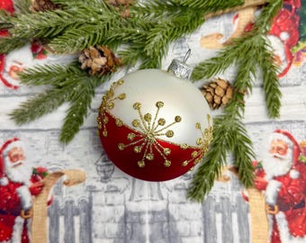 Handmade Glass Ornament Red White – Gold Snowflake Bauble Christmas Decor – Unique Artisan Holiday Ornament – Classic Elegant Xmas Style