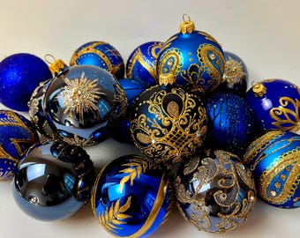 Enfeites de Natal de vidro azul e preto – 30 bolas de luxo douradas pintadas à mão – Decorações modernas para árvore de Natal