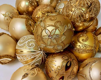 Champagne Gold Christmas Ornaments - 10 Handmade Glass Baubles - Neutral Luxury Tree Decor