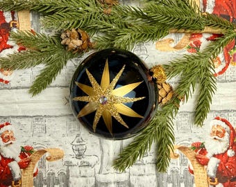Black Christmas Ornament Glass – Handmade Star Bauble Gold Glitter – Luxury Holiday Decor – Celestial Xmas Ornament with Crystal Accent