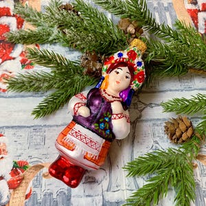 Ukrainian Christmas Ornament – Handmade Glass Woman in Folk Costume – Vintage Style Tree Decoration – Ethnic Holiday Bauble