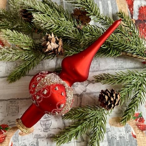 Christmas glass tree topper, Small Red Christmas glass ornament, Winter Glass Decor, Aluminium Christmas Tree, Vintage Glass Ornament 2024