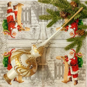 White and Gold Glass Tree Topper – Elegant Christmas Finial – Handmade Blown Glass Holiday Decoration – Luxury Xmas Ornament