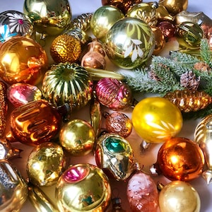 50 verschiedene goldene Glasornamente, Weihnachtsglasornamente, Vintage Glasdekoration, Winterdekoration, Retro-Set,Sowjetische Weihnachtsdekoration