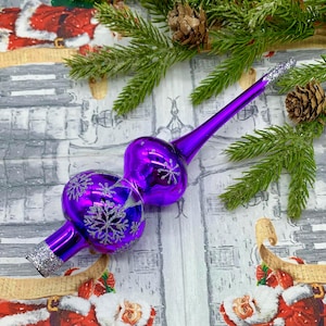 Purple Glass Tree Topper – Handmade Christmas Ornament with Snowflakes – Elegant Holiday Finial for Tree – Vintage Glass Ornament