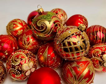Red Christmas Ornaments –  Set of 20 – Handmade Glass Baubles – Red & Gold Glitter Tree Decorations – Luxury Holiday Decor