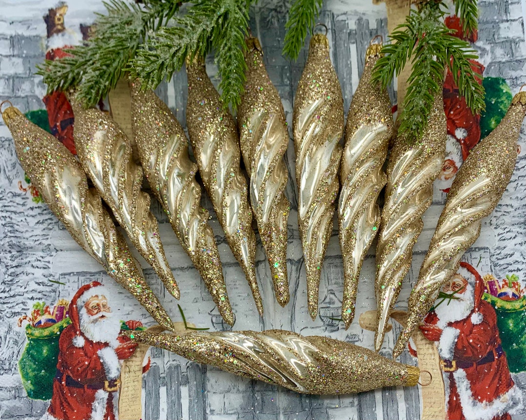 Set of 10 Beige Christmas Glass Icicles, Christmas Glass Ornament, Xmas