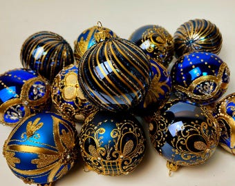 Handmade Glass Christmas Ornaments Set – 10 Blue and Gold Luxury Tree Decorations – Vintage European Holiday Decor