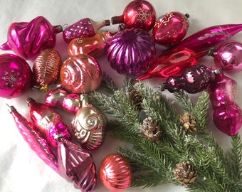 20 Assorted pink glass ornaments set,Christmas glass ornaments,soviet vintage ball,retro Xmas tree decoration,winter home decor,ornament set