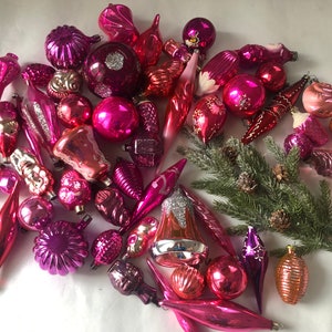50 verschiedene rosa Glasornamente, Weihnachtsglasornamente, Vintage Glasdekoration, Winterdekoration, Retro-Set,Sowjetische Weihnachtsdeko