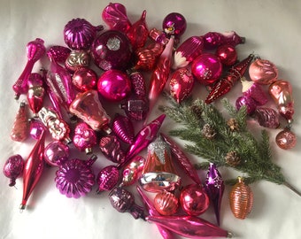 50 Assorted pink glass ornaments set,Christmas glass ornaments,Vintage glass decoration,winter home decor,Soviet Xmas ornament set,retro set