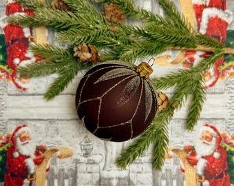 Glass Brown Ornament Christmas – Gold Geometric Design Handmade Bauble – Modern Holiday Tree Decor – Chocolate Glass Ball Decoration