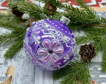Purple Christmas Glass Ornament, Antique Glass Xmas Ball with flower, Handmade Glass, Christmas Gift, Vintage Aluminum Christmas Tree 2023