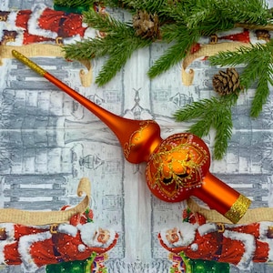 Orange Gold Glass Tree Topper – 27 cm Christmas Finial – Handmade Vintage Ornament – Elegant Holiday Tree Decoration