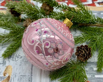 Pink Christmas Glass Ornament, Antique Glass Xmas Ball with flower, Handcrafted Glass, Christmas Gift, Vintage Aluminum Christmas Tree 2023