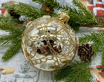 Brown Christmas Glass Ball with flower, Christmas glass Ornament, Handmade Christmas Glass Decoration, Vintage Christmas Tree 2023