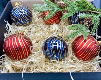 Collection of 6 Red&Blue Christmas Glass Ornament, Handcrafted Christmas glass Balls, Xmas Ornament, Vintage Aluminum Christmas Tree 2023