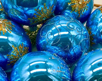 Blue Glass Christmas Ornaments – 60 Piece Set – Handmade Glitter Tree Baubles – Elegant Winter Holiday Decor – Large Bulk Pack