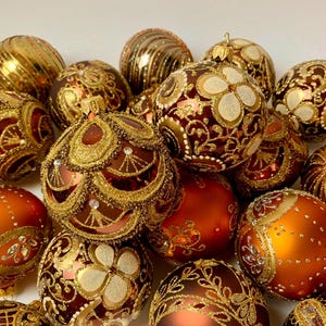 Handmade Set of 30 Assorted Glass Ornaments – Bronze Gold Baroque Baubles – Vintage Inspired Christmas – Winter Holiday Decor