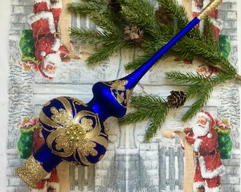 Vintage Blue Christmas glass tree topper 31 cm, Christmas glass ornaments, Glass Finial Top, Hand-pained ornament, Xmas glass toppers 2022