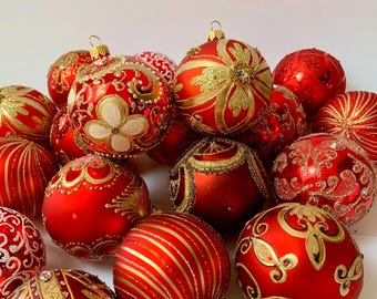 Handmade Red Gold Christmas Ornaments – 30 Glass Baubles Set – Traditional Elegant Tree Decorations