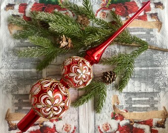 Topper de árbol de vidrio de Navidad, Tapa de remate de vidrio vintage rojo, Decoración de árbol, Adorno de árbol de Navidad, Tapa de finial tradicional, Adorno de Navidad 2022