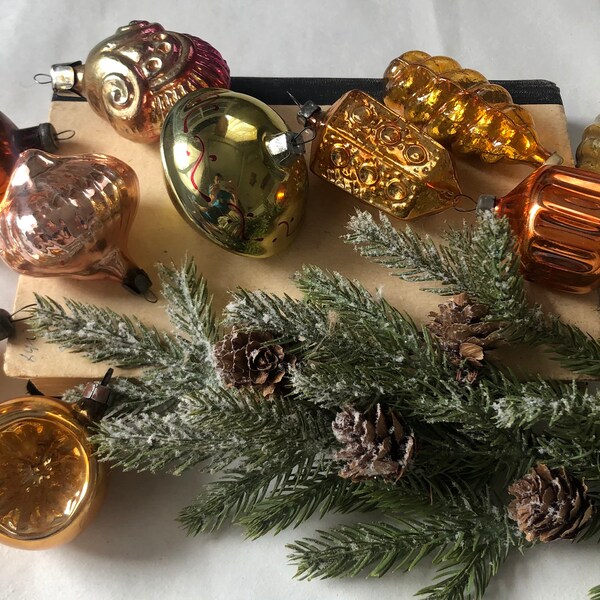 10 Assorted gold glass ornaments set,Christmas glass ornaments,soviet ball,retro Xmas tree decoration,winter home decor,assorted glass decor