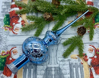 Blue Christmas glass tree topper, Unique Glass topper with branch, Handcrafted Glass, Christmas Gift, Vintage Aluminum Christmas Tree 2023