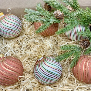 Collection of 6 Beige&White Christmas Glass Ornament, Handcrafted Christmas glass Balls, Xmas Ornament, Vintage Aluminum Christmas Tree 2023