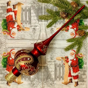 Big Red Glass Tree Topper – 31 cm Handmade Ornament – Luxury Gold Glitter Finial – Vintage Holiday Christmas Tree Decoration