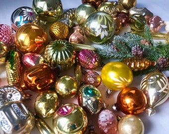 50 Assorted gold glass ornaments set,Christmas glass ornaments,Vintage glass decoration,winter home decor,Soviet Xmas ornament set,retro set