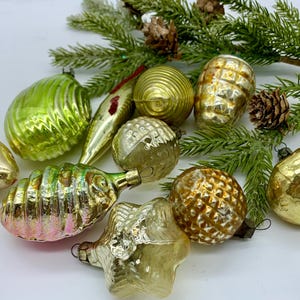 Vintage Gold Christmas Ornaments – Set of 10 Glass Baubles – Mid-Century Holiday Tree Decorations – USSR Retro Style
