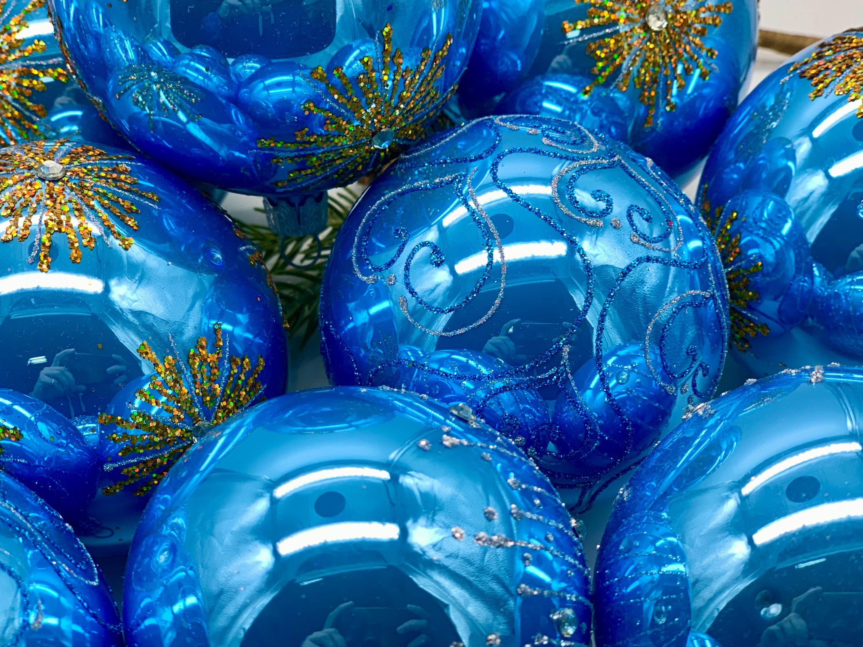 Blaue Glas Christbaumkugeln - 60 Stück Set - Handgefertigte Glitzer Baumkugeln - Elegante Winter Weihnachtsdeko - Große Sammelpackung