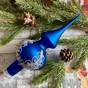 Christmas glass tree topper, Small Blue Vintage Holliday glass ornament, Handmade ornament, Glass Finial Top, Aluminium Christmas Tree 2024