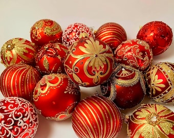 Handmade Glass Christmas Ornaments Set of 10– Red and Gold Vintage Style Tree Decorations – Luxury European Holiday Decor