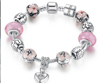 Silver Plated Charm Bracelet with Heart Charm and Cherry Blossom Charm Friendship Bracelet Pink Murano Glass Beads Bracelet Including Bead