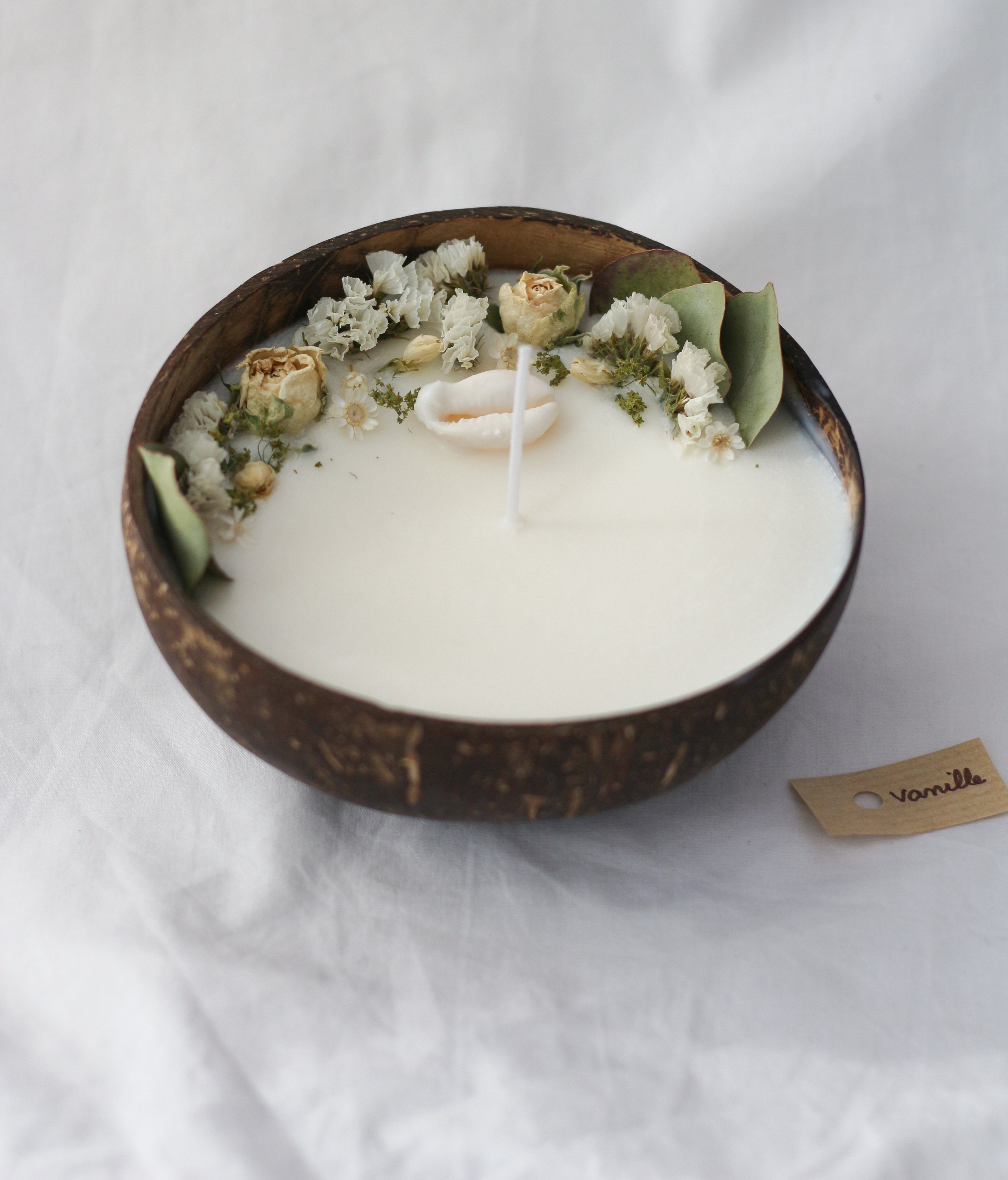 Coconut candle dried flowers and shells coconut candle Etsy