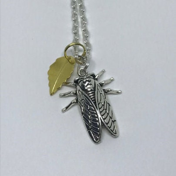 Roach Necklace, Cicada and Gold Leaf Necklace; Silver Cicada with Gold Leaf Charm on 18" necklace, beetle necklace, roach jewelry, scarab