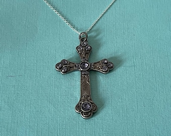 Vintage cross necklace, purple rhinestone cross necklace, 24" cross necklace, silver cross necklace, religious jewelry, Christian jewelry