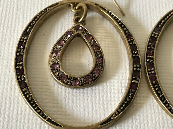 Vintage hoop earrings, purple rhinestone hoop ear… - image 3