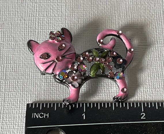 Pink cat brooch, rhinestone cat pin, boho cat pin… - image 4