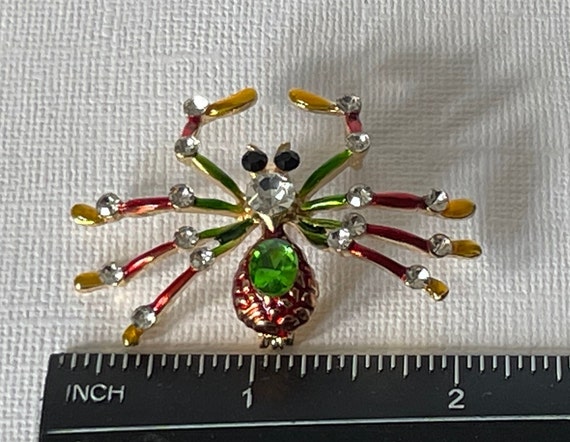 Rhinestone spider brooch, green spider pin, yello… - image 4