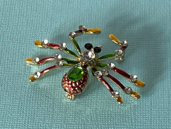 Rhinestone spider brooch, green spider pin, yello… - image 7