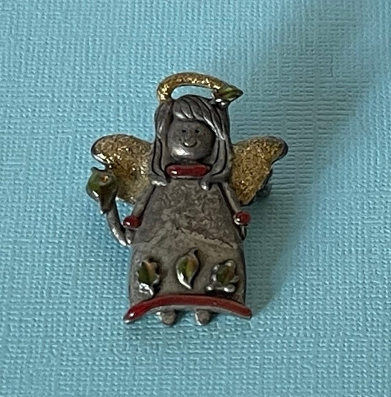 Vintage angel brooch, pewter angel pin, Christmas… - image 2