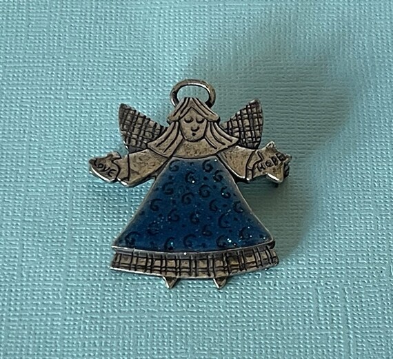 Vintage angel brooch, pewter angel pin, blue ange… - image 2