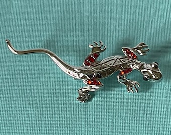 Lizard brooch, silver lizard pin, gecko brooch, lizard jewelry, rhinestone lizard pin, red lizard brooch, gecko pin, red gecko brooch,