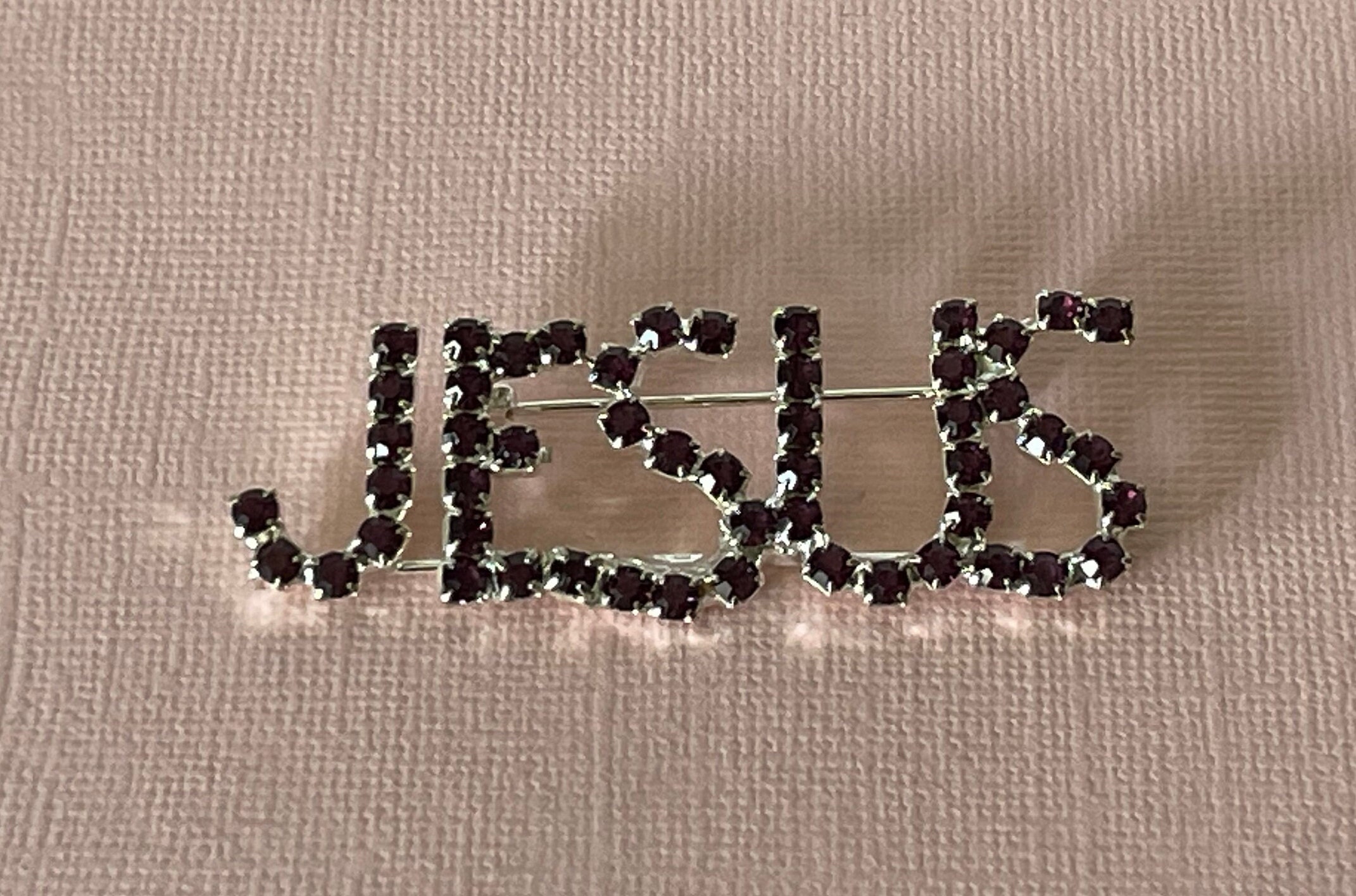 Vintage JESUS Brooch, Purple Jesus Pin, Rhinestone Jesus Brooch, Amen ...