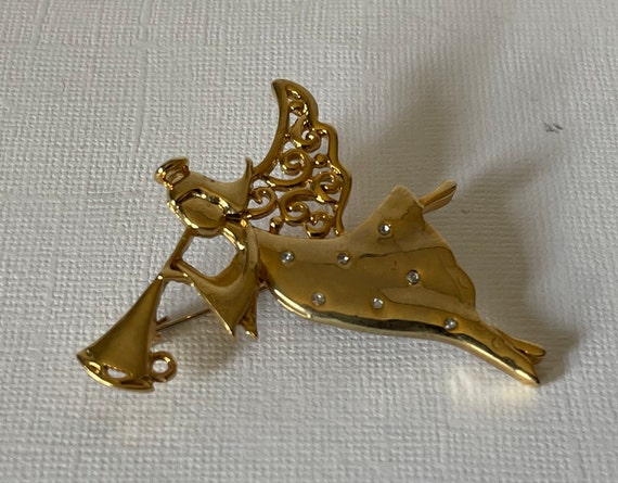 Vintage angel brooch, gold angel pin, rhinestone … - image 3