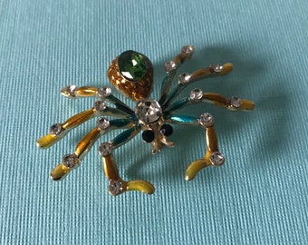 Rhinestone spider pin, spider brooch, green rhinestone spider pin, insect pin, spider jewelry, rhinestone spider pin, yellow spider brooch