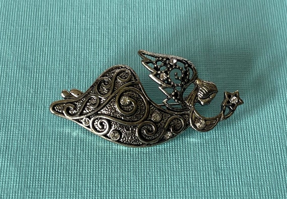 Vintage angel brooch, silver angel pin, rhineston… - image 2